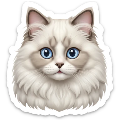 cinematic-adorable-big-eyed-fluffy-ragdoll-cat-portrait-emoji,-head-tilted-playfully-with-a-sweet-expression,-fluffy-white and grey-fur,-simplified-yet-irresistibly-cute-features-with-large,-expression, blue eyed ragdoll cat sticker