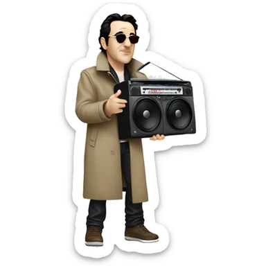 john-cusack-holding-one boombox-high above his head wearing trench coat  sticker