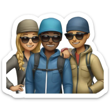 four friends reaching the top of the mountains wearing a cap and sunglasses sticker