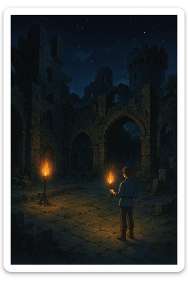 Midnight castle ruins torchlit courtyard sticker