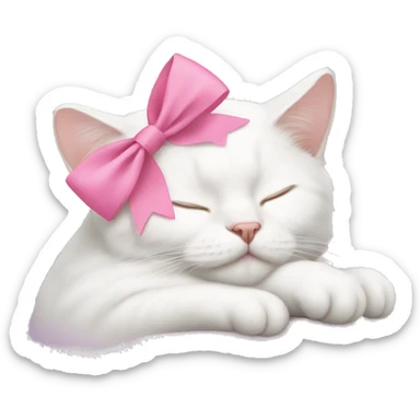 White cat sleeping with pink bow on head sticker