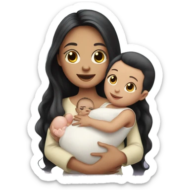 Pale girl with long black hair is holding a newborn baby sticker