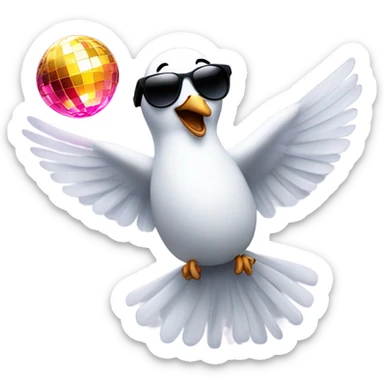 An dove in trendy sunglasses dancing under a disco ball, looking happy. sticker