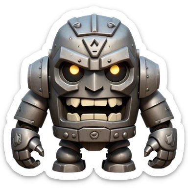 Cinematic Comical Mighty Iron Golem Portrait Emoji Head tilted dramatically with an exaggeratedly amused expression, featuring a bulky, armored form with a slightly lopsided stance, ancient runes flickering erratically, and one massive, jointed hand raised in a slow, deliberate wave. Wide, expressive glowing eyes give it an almost humorous, puzzled look, as if it’s contemplating something far beyond mortal understanding. Rendered with detailed metallic textures and deep, dynamic lighting, high shine, dramatic yet whimsical, styled with a hint of unexpected charm, soft glowing outline, capturing the essence of an endearing yet colossal guardian that looks ready to crack an impossibly slow, earth-shaking joke! sticker
