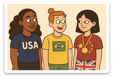 Serena Williams American shirts girl Orange bun hair a Brazil shirts boy brown Chinese shirt Chinese girl black hair United Kingdom shirt Defined Waves hair sports medal  sticker