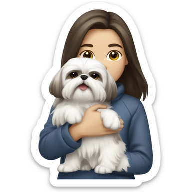 brunette girl with white fur shih tzu dog in her arms sticker