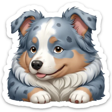 Cinematic Meme-Worthy Chubby Sleeping Blue Merle Australian Shepherd Portrait Emoji, Head resting peacefully with a contented smile, showcasing a delightfully chubby build and a luxuriously soft blue merle coat with striking white accents, eyes shut in a serene nap, Simplified yet hilariously adorable features, highly detailed, glowing with a soft, drowsy light, high shine, relaxed and utterly lovable, stylized with an air of playful laziness, bright and heartwarming, soft glowing outline, capturing the essence of a comically sleepy Blue Merle Australian Shepherd, so meme-worthy it feels like it could instantly become the next viral sensation of adorable slumber! sticker
