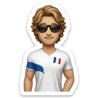 A young fit man with a white shirt and sunglasses on his hair with brown hair and a French flag in his hand sticker