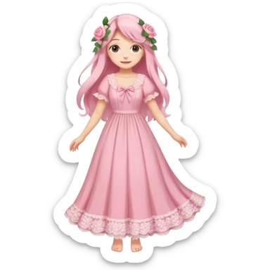 pastel anime woman with pink and white lace cottage dress full body and long hair with roses sticker