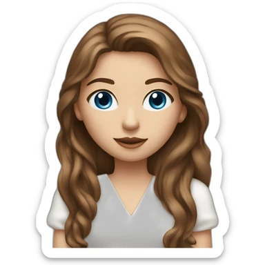 Girl with long brown hair blue eyes in white dress small nose big lips with MacBook  sticker