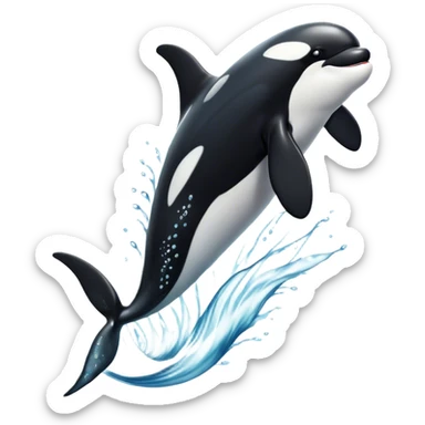Meme-Worthy Breaching orca Portrait Emoji, Bursting powerfully out of the ocean with an impressive, high-energy leap, showcasing a sleek black-and-white body glistening with water droplets and dynamic, arched posture, Simplified yet exhilaratingly expressive features, highly detailed, glowing with a vibrant marine energy, high shine, bold and full of life, stylized with an air of untamed ocean spirit, soft glowing outline, capturing the essence of an orca mid-breach, radiating pure, unstoppable aquatic power! sticker