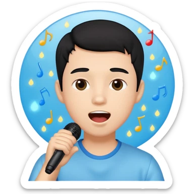 Beautiful Boy with black hair singing karaoke funny light blue aesthetic background with lights sticker