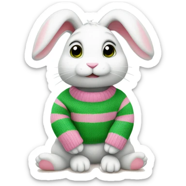 Cute rabbit is sitting wearing pink, green stripe sweater sticker