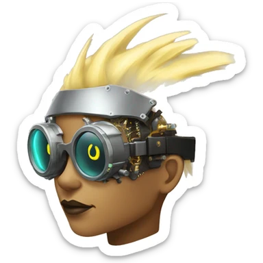 Light yellow Mohawk hair female cyborg head, dark skin, steampunk goggles and circuits sticker
