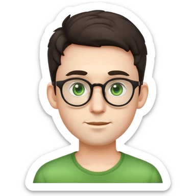 young male emoji with youthful face, poofier slightly curly dark hair, big ears, pale skin, glasses, green eyes set wider apart, very light stubble sticker