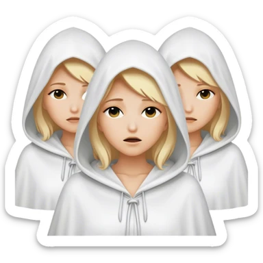 3 mysterious women with blonde hair  in white hooded cloaks that cover their eyes sticker
