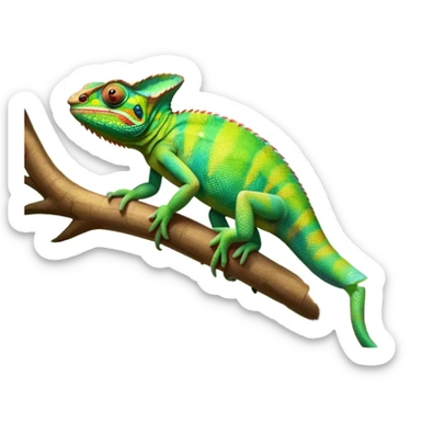 Giant Chameleon blending into natural surroundings, perched on a branch. Its vibrant colors shift with the environment. Lush greenery, branches, and soft sunlight create a peaceful, nature-filled background. Transparent background, showcasing the chameleon's colorful, textured skin. sticker