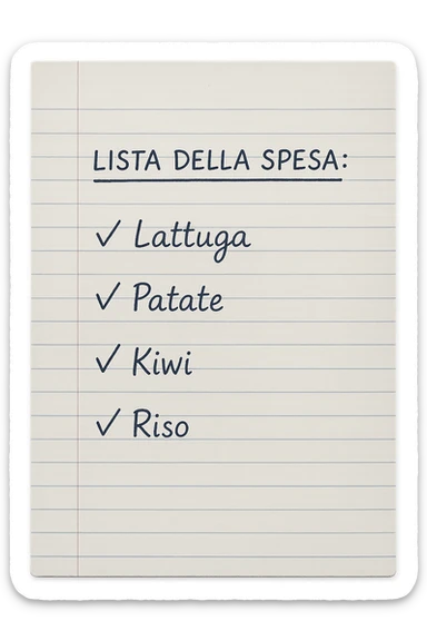 FOGLIO DI CARTA A RIGHE CON LISTA DELLA SPESA SCRITTA A PENNA:
"LISTA DELLA SPESA:
- Lattuga
- Patate
- Kiwi
- Riso", iperealistico 4k sticker
