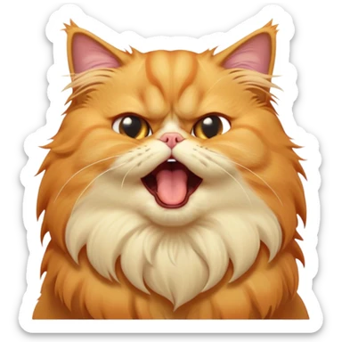 Cinematic Derpy Grumpy Comical Orange Persian Cat Portrait Emoji, Head tilted playfully with an adorably awkward yawning expression, fluffy orange fur with soft cream and golden undertones, Simplified yet hilariously derpy features, highly detailed, glowing with a warm but slightly confused glow, high shine, a mix of lazy and clueless, stylized with a touch of whimsy, bright but with a completely derpy and grumpy face, soft glowing outline, capturing the essence of a quirky yet chubby, grumpy kitty, so endearing it feels like it could stretch out of the screen and demand attention with its wonderfully derpy charm while yawning! sticker