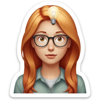 intelligent and clever, 30 year old, girl, long red and almost blond hair, glasses, has an brillant idea, light bulb over the head, casual cloth  sticker