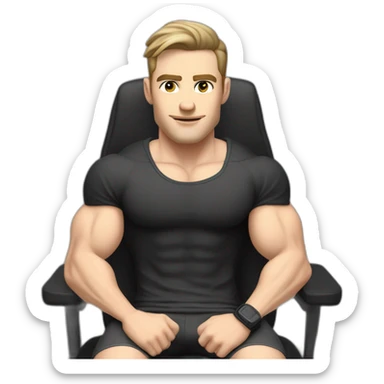 Pale skinned Fit Man With the biceps and dark brown hair in black shirt, gray sports shorts and white Sneakers Sitting on a chair sticker