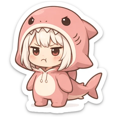 a cute girl with white hair in a pink shark costume, pouting angrily but adorably, chibi style sticker