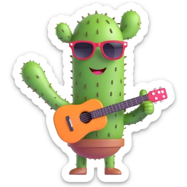 cheerful cactus with sunglasses holding a tiny guitar sticker
