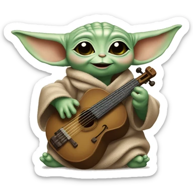 Baby Yoda with hearts around the head 💖 - shows love for his instrument or gadget, smiles happily. sticker
