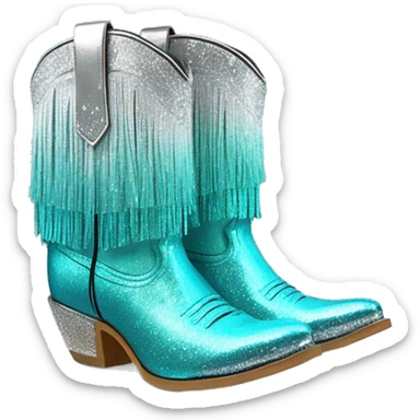 Realistic silver and turquoise blue ombre pair of fashion cowgirl boots with sparkly shiny glitter fringe on them. sticker