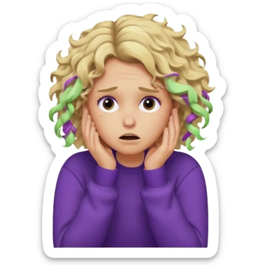 Emoji-style illustration of a frustrated young woman, messy curly tousled blonde hair, wearing a purple sweater, holding her face in her hands, expressing annoyance and disappointment, cartoonish, expressive, simple lines, flat colors, clear silhouette,  sticker