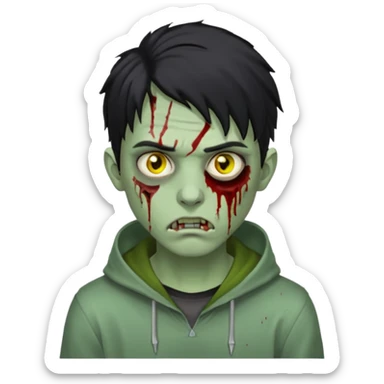 WhatsApp emoji-style zombie, young man, pale green skin, yellowish eyes with dark circles, medium-length messy black hair, blood tears, silver eyebrow piercing, nose ring, hoodie, realistic jawline, straight eyebrows, serious and sharp expression sticker