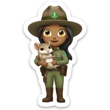 Female park ranger with long dark hair holding a baby squirrel sticker