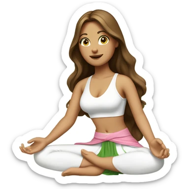 A girl with brown long hair, fair skin and green eyes is sitting in a lotus position in a white bra top and pink skirts sticker