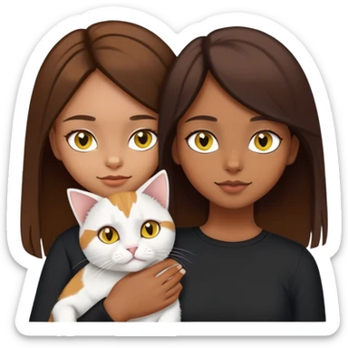 Brown straight-haired girl wearing black top with a pure white cat with yellow eyes and a calico cat sticker