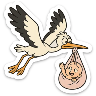 stork flying with a human baby in a bundle, flat toon style sticker