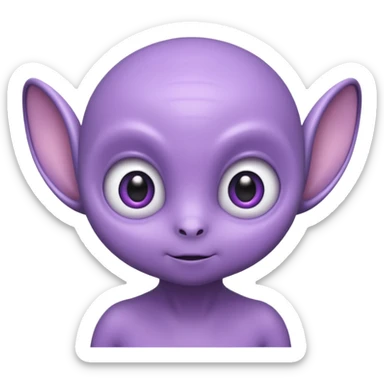 Portrait of a cute alien with round head, big shiny eyes, pastel purple skin, small antennae, friendly expression, cartoon style sticker