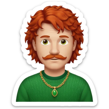 curly red-haired man with a mullet and mustache, green sweater, red necklace sticker