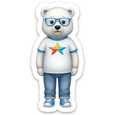 friendly anthropomorphised polar bear standing upright, looking chilled and unbothered, wearing a shirt, jeans, trainers, star-shaped colorful glasses sticker