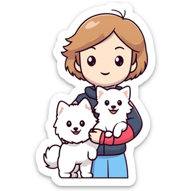light brown hair girl with pale skin holding a white Japanese spitz dog sticker