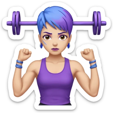 weight lift woman short blue purple har muscles bar is not growing from head sticker