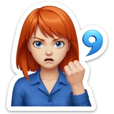 A woman with dark orange hair and bangs, blue eyes, an asmr streamer, angry, clenching his fist sticker