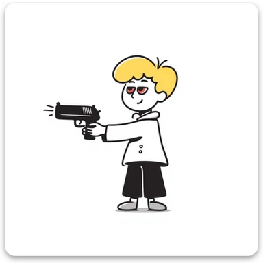 blonde boy with red glowing eyes holding a gun, hand drawn doodle style sticker