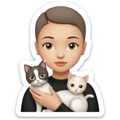 HAZEL EYES , BLACK BUZZ CUT LIGHT SKIN ROUND FACE GIRL hold kitten white  sticker