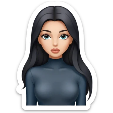 Glamours, tanned, very beautiful girl, with big pump peach-beige-rose lips, long long lashes, black straight smooth silky long hair, straight parting hair, blue-grey eyes in black long-sleeves bodysuit sticker