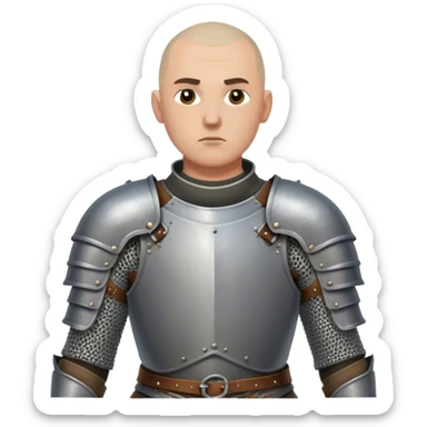 medieval battle armor worn by a DnD themed fantasy character. basic full plate cuirass with leather straps and a chainmail coif. armor only above the waist. The armor full waist. The character's haven't arms. character is shaved head gray eyes scarred face light-skinned man. sticker