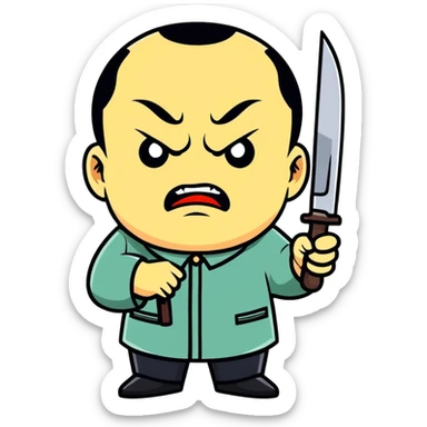 Deng Xiaoping as a cartoon villain, exaggerated angry expression, holding a knife, sticker style sticker