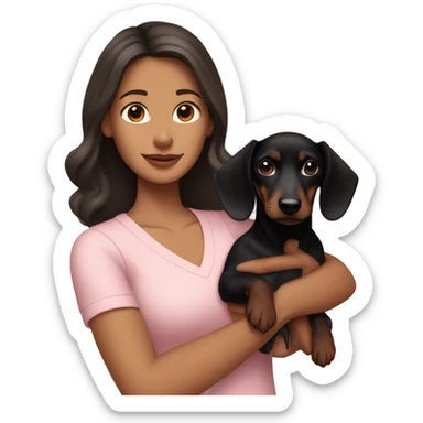 a brunette woman in a light pink shirt, with light skin, holding black dachshund puppy in her arms sticker