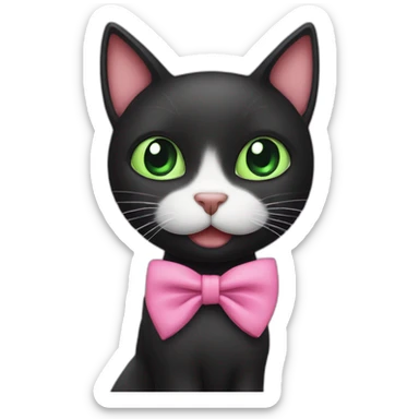 black cat with green eyes holding a pink hair tie in mouth sticker