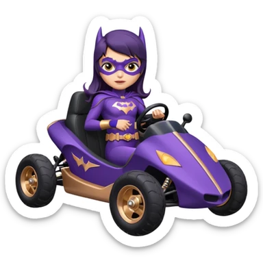 Hot full size real-appearance retro electric racing action BatGirl’s feminine midnight-purple tight outfit sixty’s tv show 1992 stealthy retro sporty safe plush petite off-road pursuit cruiser car rose gold accents (black hair,reclined and relaxed torso seating position) go kart  sticker