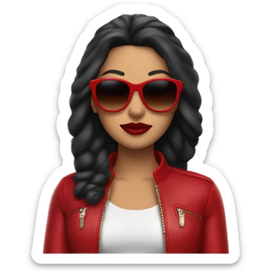 Latina with dark sunglasses a red leather jacket and bright red lipstick sticker
